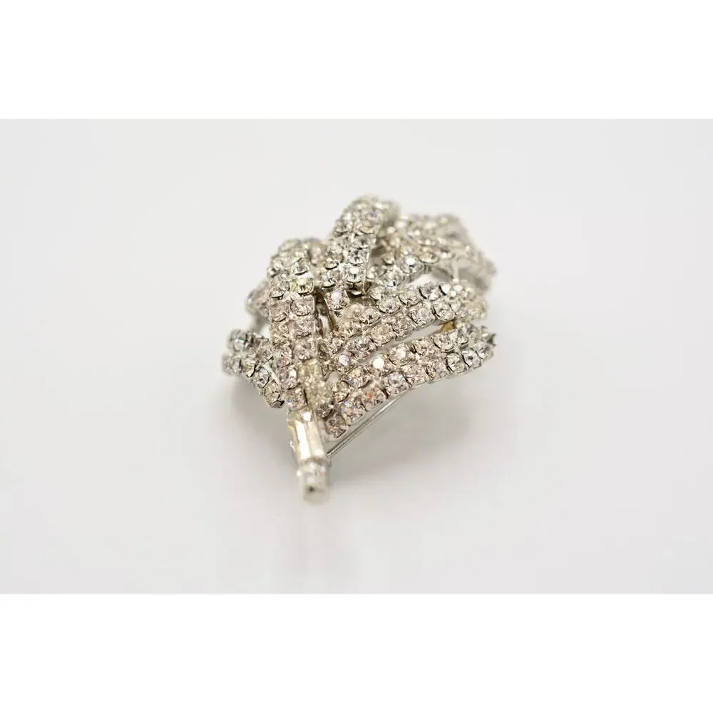 Vintage Crystal 3D Leaf Pin Brooch Baguette Prong Rhinestone Silver 1960s BinAL
